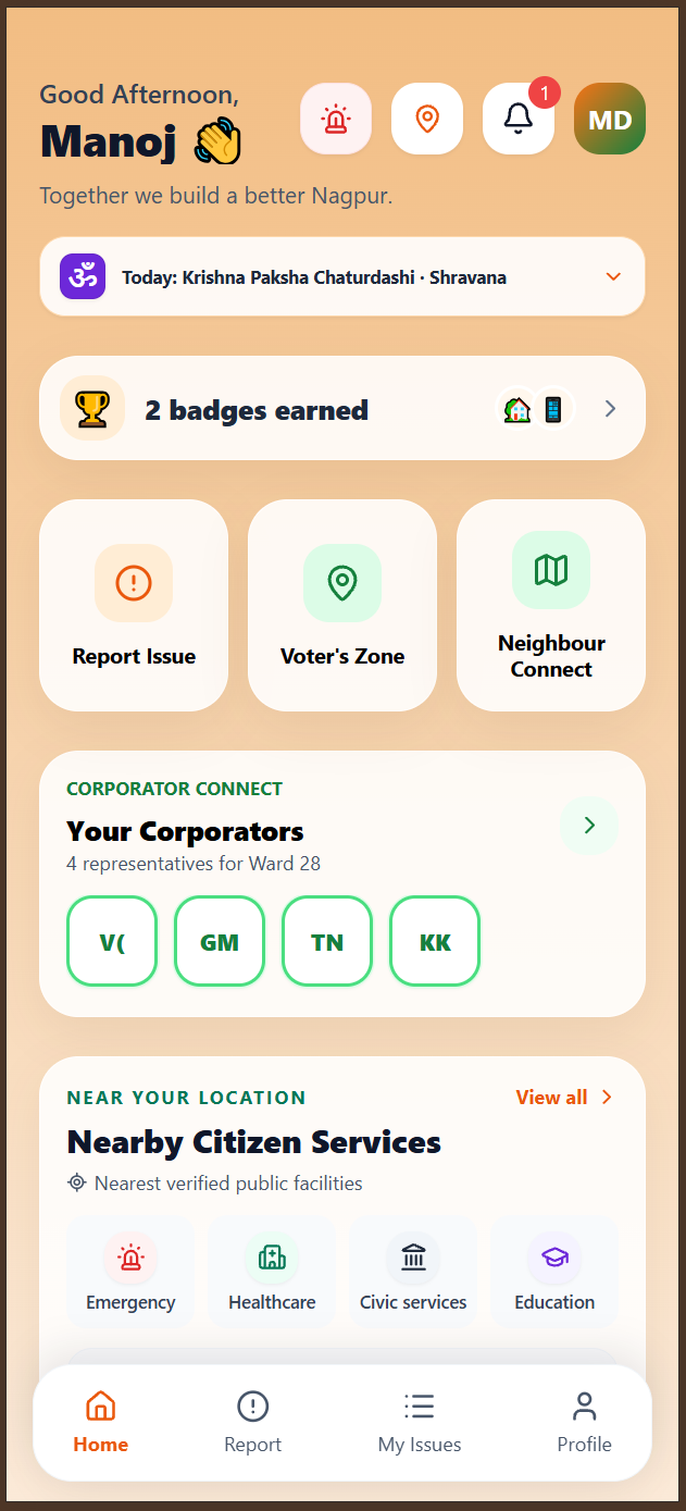CitizenConnect home screen showing civic tools, representatives, and nearby services