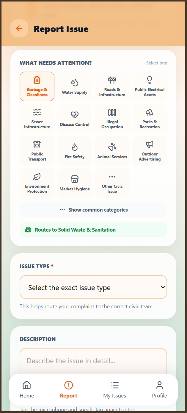 CitizenConnect report issue screen showing civic categories and issue details